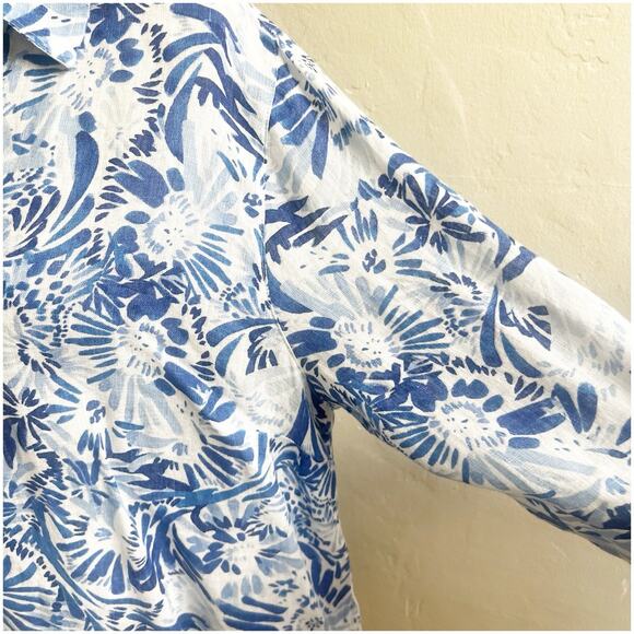Cynthia Rowley Popover 100% Linen Tunic Plus Size 1X Blue Floral Button Sides - Picture 12 of 12